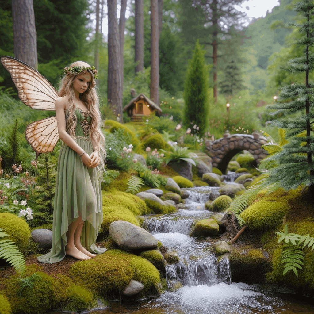 Fairy standing next to small creek.